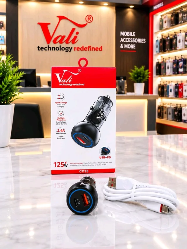 Vali New CC-33 125W USB+PD Car Charger With USB To Type-c Cable 1 Year Warranty (Metal Quality)