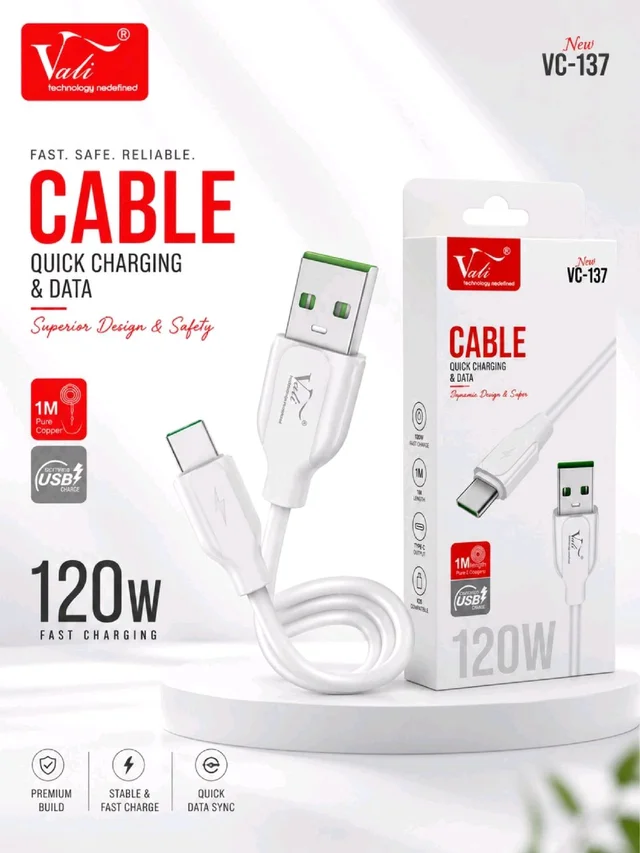 Vali New VC-137 (120Watt) Soft Silicone Cable Quick Charging Supported Cable 1 Year Warranty - Type-C