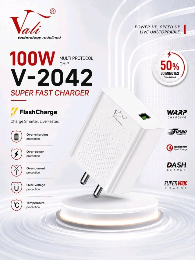 Vali V-2042 100W Type-C Charger Super Fast Charging Supported With 6 Month Warranty (Buy 20 Pcs Get 1 Leather Bag Free 🆓)