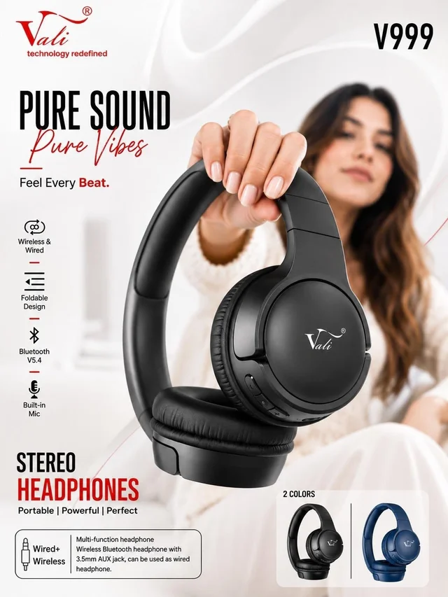 Vali V999 PURE SOUND STEREO WIRED + WIRELESS HEADPHONE - Black Blue, V999
