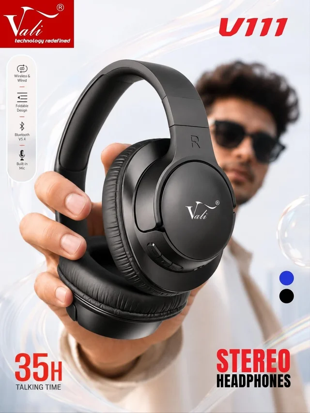 Vali V111 WIRELESS + WIRED 35 HRS PLAYTIME STEREO HEADPHONE - BLACK BLUE, V111