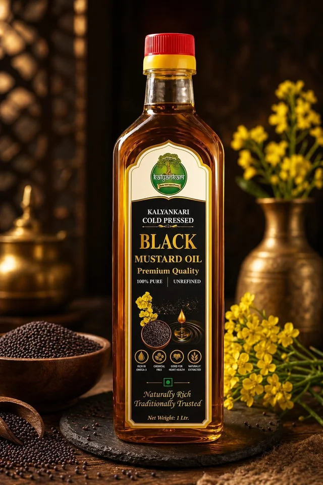 Kalyankari Cold Pressed Black Mustard Oil 1L | 100% Pure & Unrefined | Strong Aroma & Bold Taste | Chemical Free | Ideal for Cooking, Pickle & Massage