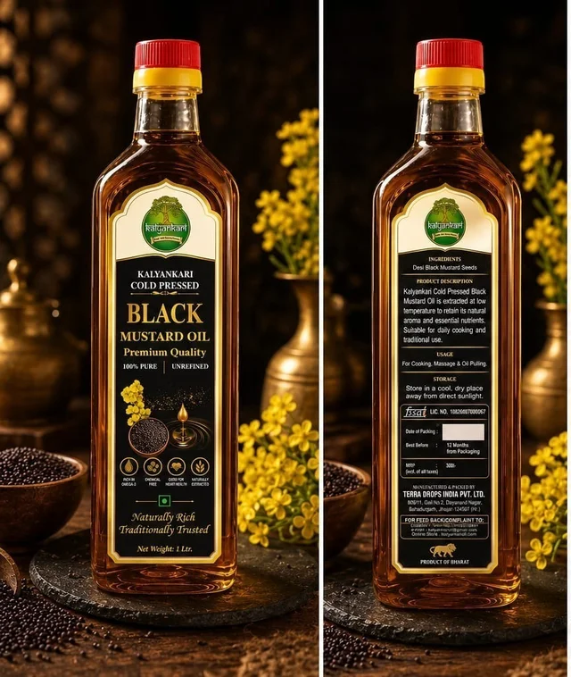 Kalyankari Cold Pressed Black Mustard Oil 1L | 100% Pure & Unrefined | Strong Aroma & Bold Taste | Chemical Free | Ideal for Cooking, Pickle & Massage