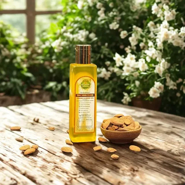 Kalyankari Almond oil (kashmiri mamra )Wood Pressed - Extracted on Wooden Churner | Kolhu/Kacchi Ghani/Chekku -200 ML - 200 ML