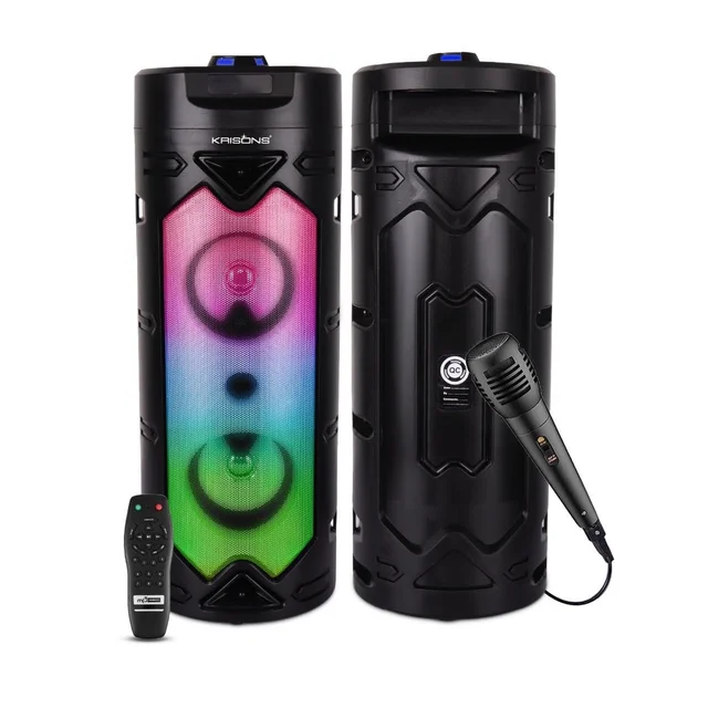 KRISONS Krisons Cylender 333 50W Bluetooth Party Tower Speaker with Double 4" Woofers, RGB Lights, FM, USB, SD & Wired Mic