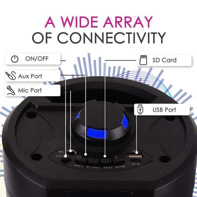 KRISONS Krisons Cylender 333 50W Bluetooth Party Tower Speaker with Double 4" Woofers, RGB Lights, FM, USB, SD & Wired Mic
