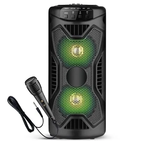 KRISONS Rockstar 4��� Double Woofer 20W Multi-Media Bluetooth Party Speaker with Wired Mic for Karaoke, RGB Lights, USB, SD Card and FM Radio