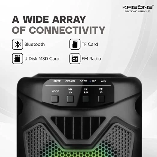 KRISONS Rockstar 4��� Double Woofer 20W Multi-Media Bluetooth Party Speaker with Wired Mic for Karaoke, RGB Lights, USB, SD Card and FM Radio