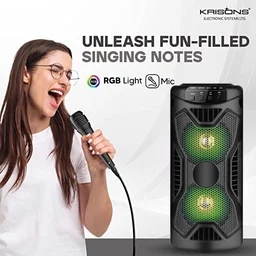 KRISONS Rockstar 4��� Double Woofer 20W Multi-Media Bluetooth Party Speaker with Wired Mic for Karaoke, RGB Lights, USB, SD Card and FM Radio