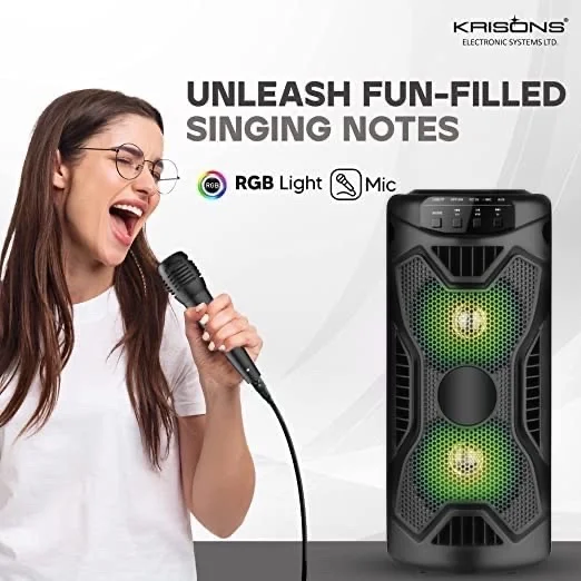 KRISONS Rockstar 4��� Double Woofer 20W Multi-Media Bluetooth Party Speaker with Wired Mic for Karaoke, RGB Lights, USB, SD Card and FM Radio