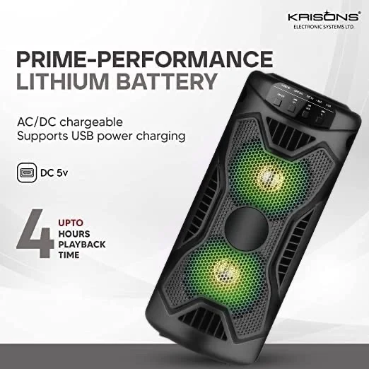 KRISONS Rockstar 4��� Double Woofer 20W Multi-Media Bluetooth Party Speaker with Wired Mic for Karaoke, RGB Lights, USB, SD Card and FM Radio
