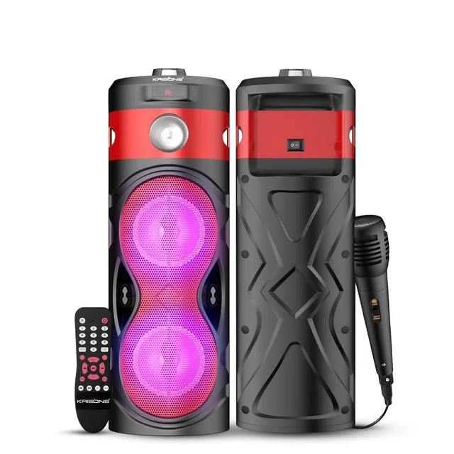 KRISONS Krisons Cylender 111 40W Portable Speaker with 4" Double Woofers, Free Wired Mic for Karaoke, in Built Torch, Remote Control with Bluetooth, FM, USB, Micro SD Card Connectivity (Red)