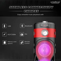 KRISONS Krisons Cylender 111 40W Portable Speaker with 4" Double Woofers, Free Wired Mic for Karaoke, in Built Torch, Remote Control with Bluetooth, FM, USB, Micro SD Card Connectivity (Red)