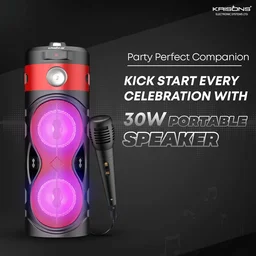 KRISONS Krisons Cylender 111 40W Portable Speaker with 4" Double Woofers, Free Wired Mic for Karaoke, in Built Torch, Remote Control with Bluetooth, FM, USB, Micro SD Card Connectivity (Red)