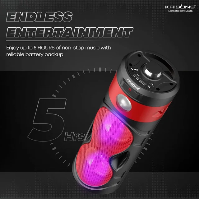 KRISONS Krisons Cylender 111 40W Portable Speaker with 4" Double Woofers, Free Wired Mic for Karaoke, in Built Torch, Remote Control with Bluetooth, FM, USB, Micro SD Card Connectivity (Red)