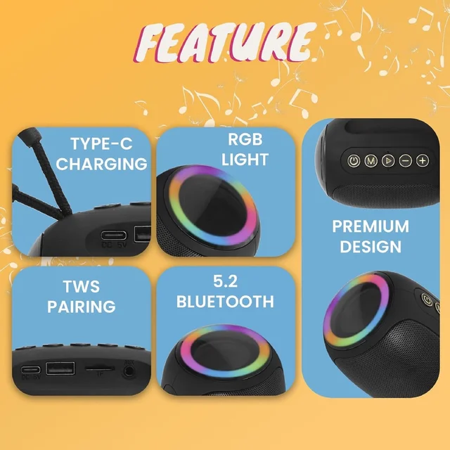 KRISONS Krisons Spark Glow 10W Portable Bluetooth Speaker with RGB Lights, USB, SD Card & Handsfree Calling ��� Black