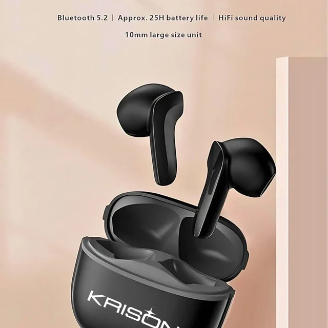 KRISONS Krisons TWS-001 Wireless Earbuds, Black, Bluetooth 5.2, 10mm Drivers, HiFi Sound Quality, 25H Battery Life, Touch Control, Charging Case