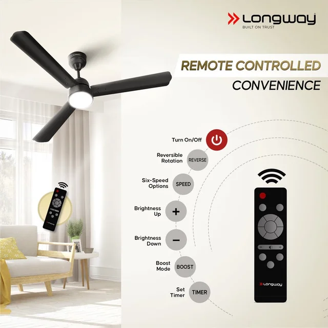 LONGWAY Longway Luminair 1200 Mm BLDC Ceiling Fan With Remote Control | BEE 5 Star Rated Energy Efficient | Ultra High Speed 3 Blade Anti-Dust Decorative Ceiling Fan | 5 Years Warranty (Smoked Brown, Pack Of 1)