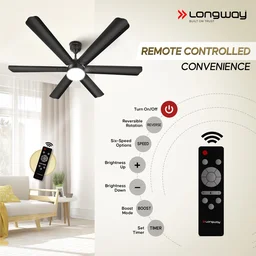 LONGWAY Longway Luminair 1200 Mm BLDC Ceiling Fan With Remote Control & LED Light | BEE 5 Star Rated Energy Efficient | Ultra High Speed 6 Blade Anti-Dust Decorative Ceiling Fan | 5 Years Warranty (Smoked Brown, Pack Of 1)