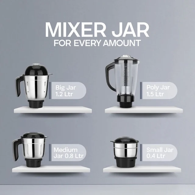LONGWAY Longway Kratos 1000 Watt Juicer Mixer Grinder With 4 Jars For Grinding, Mixing, Juicing With Powerful Motor | 1 Year Warranty | (Black, 4 Jars)