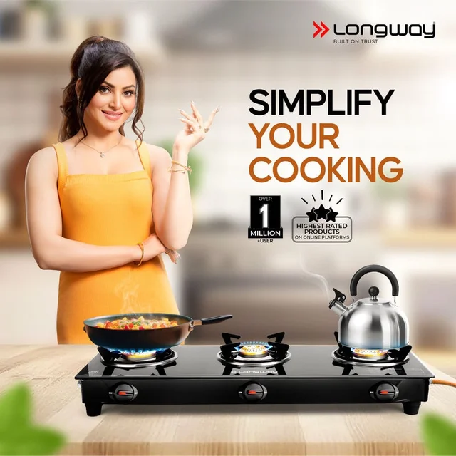 LONGWAY Longway Furn Glass Top, 3 Burner Manual Ignition Glass Gas Stove (Black, ISI Certified, 2 Year Warranty)
