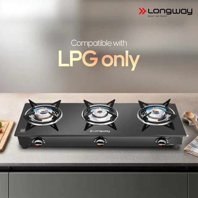 LONGWAY Longway Furn Glass Top, 3 Burner Manual Ignition Glass Gas Stove (Black, ISI Certified, 2 Year Warranty)