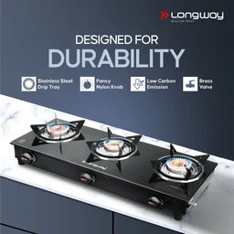 LONGWAY Longway Furn Glass Top, 3 Burner Manual Ignition Glass Gas Stove (Black, ISI Certified, 2 Year Warranty)