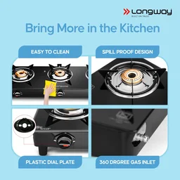 LONGWAY Longway Furn Glass Top, 3 Burner Manual Ignition Glass Gas Stove (Black, ISI Certified, 2 Year Warranty)