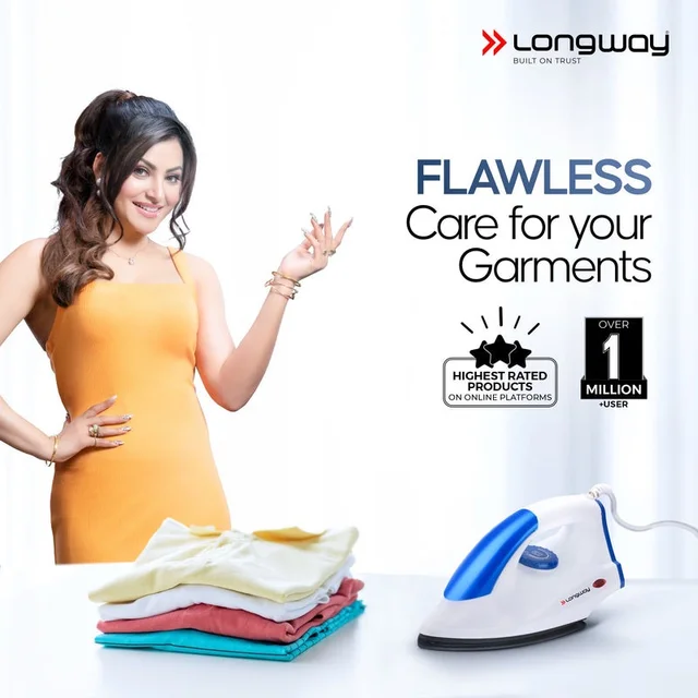LONGWAY Longway Grace Light Weight Non-Stick Teflon Coated Dry Iron, Electric Iron For Clothes | 2 Years Warranty| (1100 Watt, Blue)