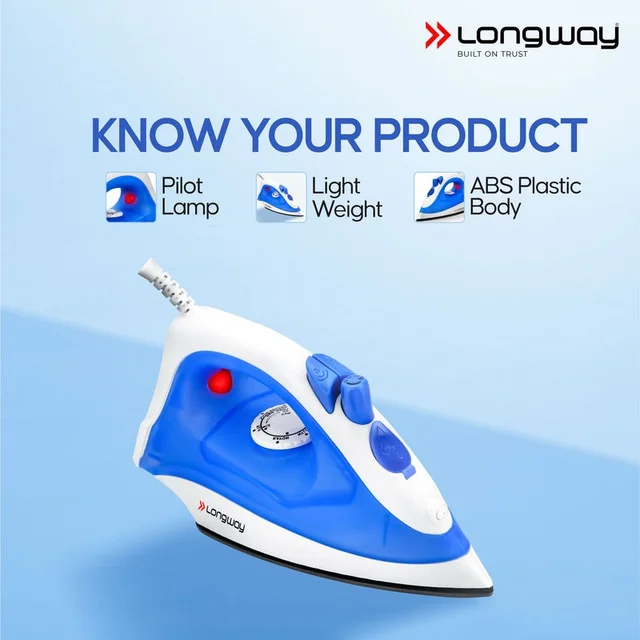 LONGWAY Longway Steamy Light Weight Non Stick Steam Iron, Powerful Steam Output Up To 18 G/Min (1400 Watt, Blue)