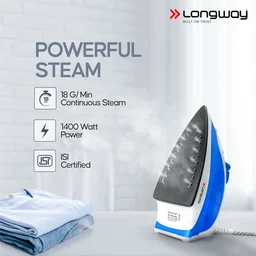 LONGWAY Longway Steamy Light Weight Non Stick Steam Iron, Powerful Steam Output Up To 18 G/Min (1400 Watt, Blue)