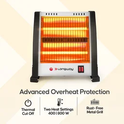 LONGWAY Longway Blaze 2 Rod 800 Watt Halogen Room Heater With ISI Approved (White & Gray)