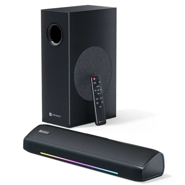 Portronics 100W Zuno Compact Bluetooth Soundbar With Deep Bass, 2.1 Channel Home Theatre 100 W Bluetooth Soundbar (Black, Stereo Channel)