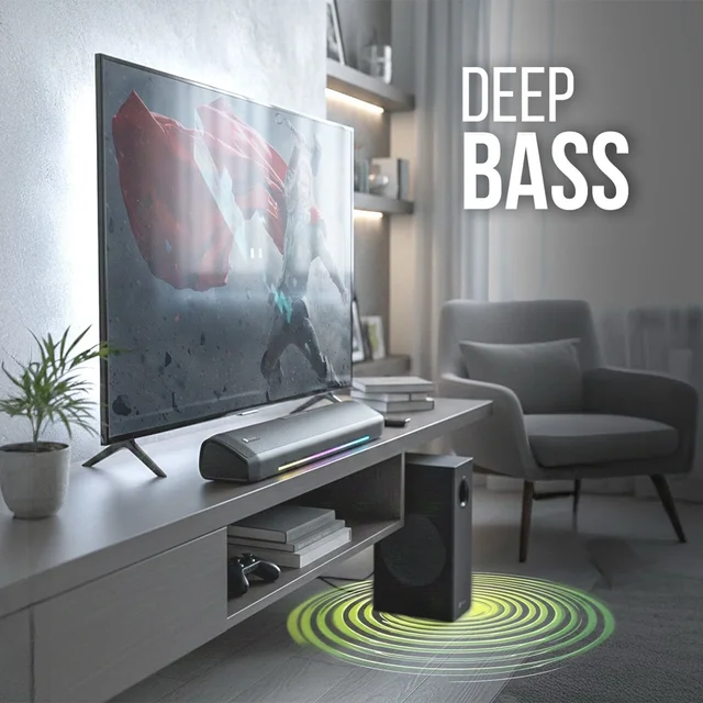 Portronics 100W Zuno Compact Bluetooth Soundbar With Deep Bass, 2.1 Channel Home Theatre 100 W Bluetooth Soundbar (Black, Stereo Channel)