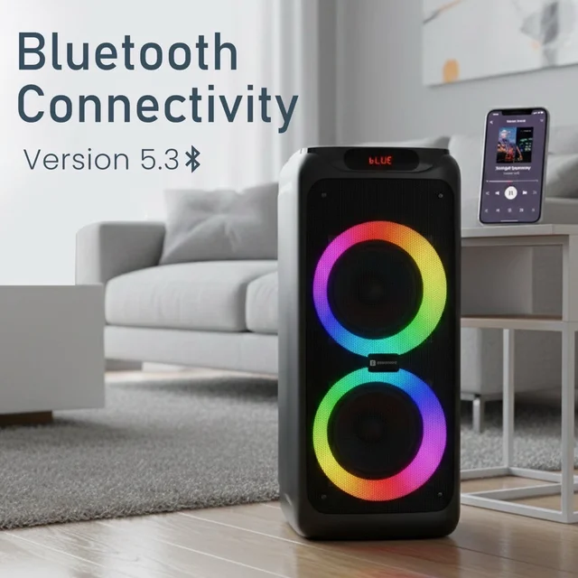 Portronics 150W Iron Beats 5 Party Speaker with Dual Wireless Karaoke Mic, Guitar In, BT V5.3 150 W Bluetooth Party Speaker (Black, Stereo Channel)