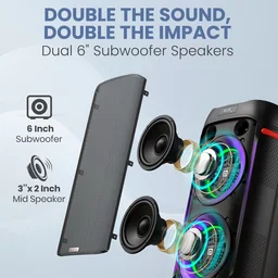 Portronics Iron Beats IV 250W Party Speaker With Dual 6" Subwoofer, 4 Hrs Playtime, LED Light 250 W Bluetooth Party Speaker (Black, Stereo Channel)