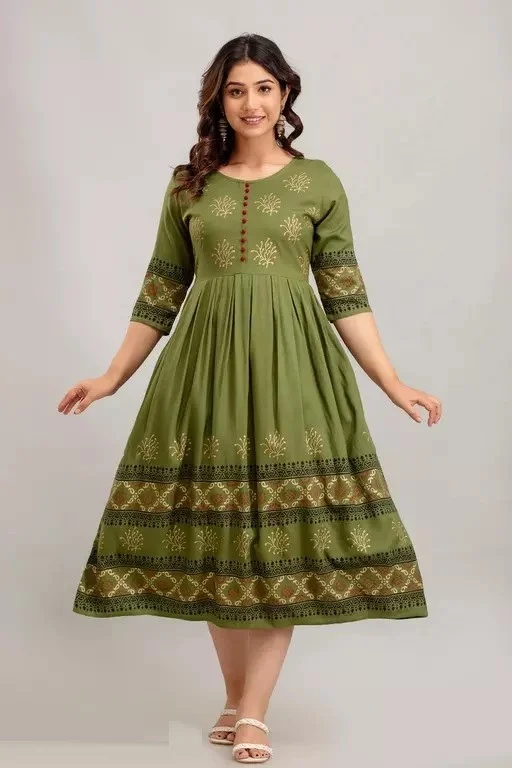 Women Rayon Printed Akshara Anarkali Kurtis Mo
