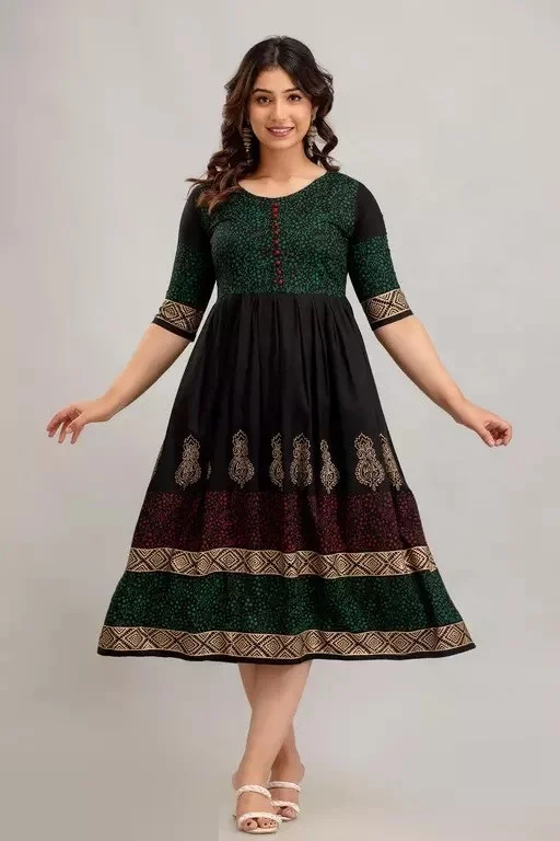 Women Rayon Printed Akshara Anarkali Kurtis Mo - M
