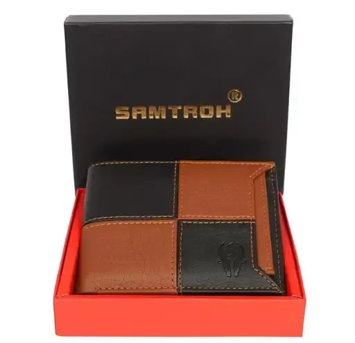 SAMTROH Tan & Black Artificial Leather Square Design Slider Wallet For Men Mo