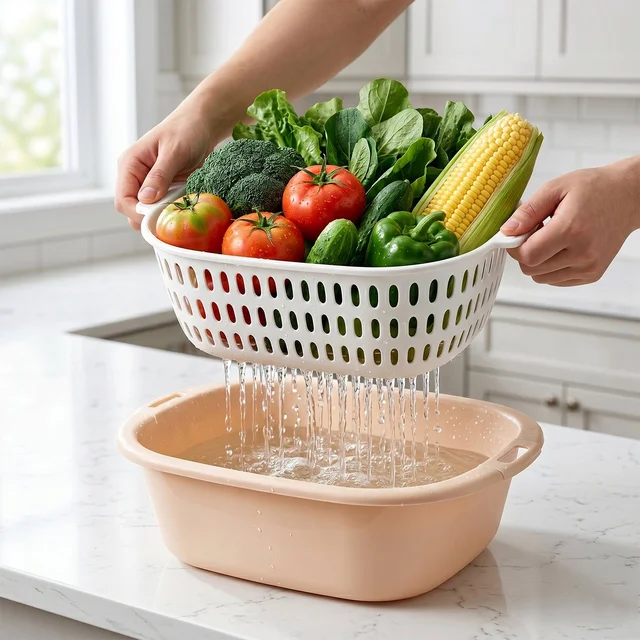 2 in 1 Plastic Double Drain Basket – Multi-Purpose Kitchen Tool