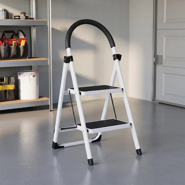 2 Step Folding Ladder with Padded Handrail Anti Slip Steel Step Stool (1 Pc)
