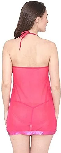 DHREXV Women's Lace Solid Above The Knee Babydoll with Panty (1001_Dark Pink_Free Size) An - Free Size