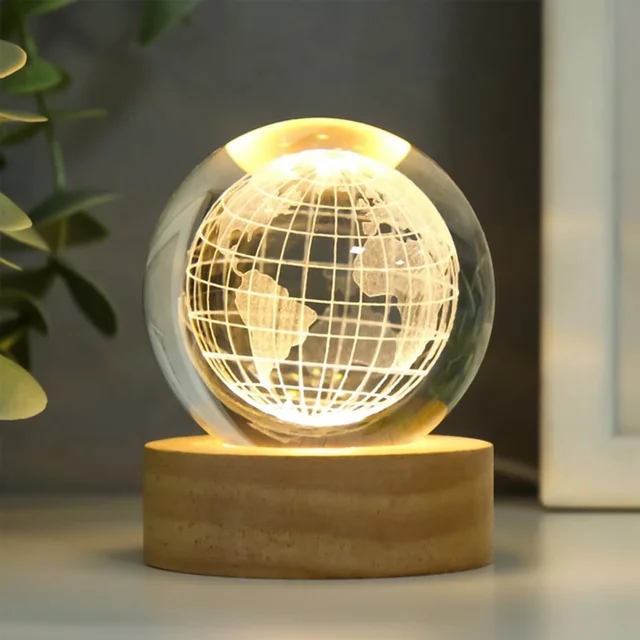 3D Crystal Ball Lamp – World Globe Design, Wooden Base | Indo Glow