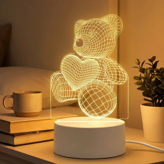 3D Teddy Bear Night Lamp – Captivating Heart Illusion for Kids and Home