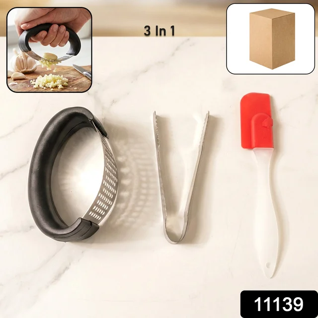 3-in-1 Kitchen Tool Set – Garlic Crusher, Tongs & Silicone Spatula