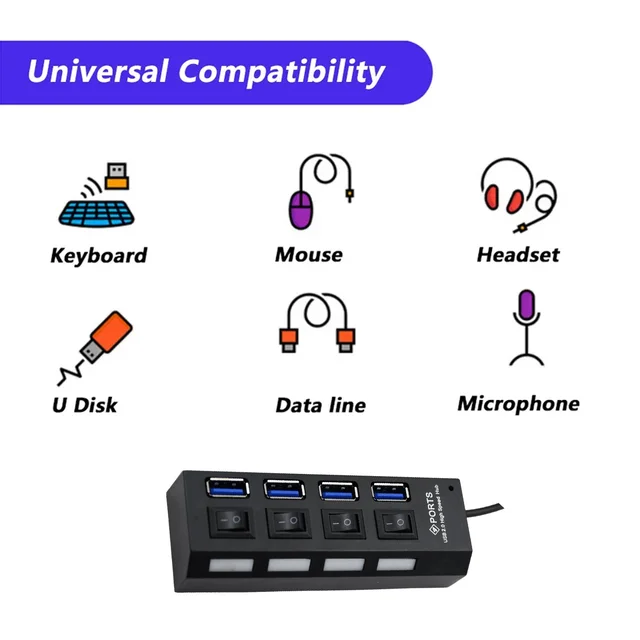 4 Port USB Hub – High-Speed 2.0 Splitter with Switches | Compshop