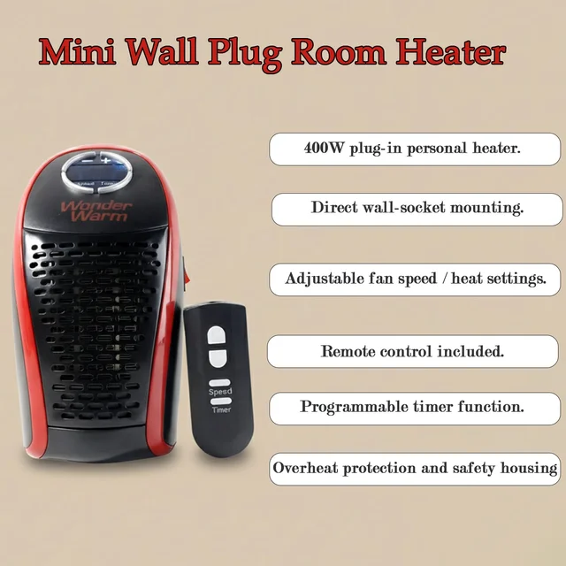 400W Wall Plug Room Heater – Compact Heating with Remote Control