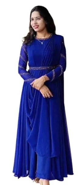 Women's Traditional Georgette Beautiful and Elegant Hot Fix Work On Round Neck & Full Sleeve with Extra Belt & Dori Fully Stitched Gown 