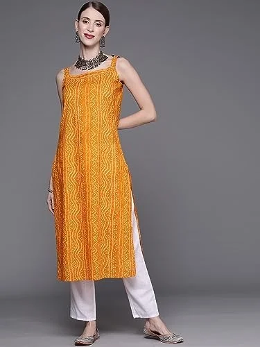 Bollyclues Women's Crepe Straight Bandhani Printed Kurti(BA-01) AN - L