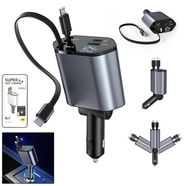 4-in-1 Car Charger – Dual Cables & 120W Super Fast Power